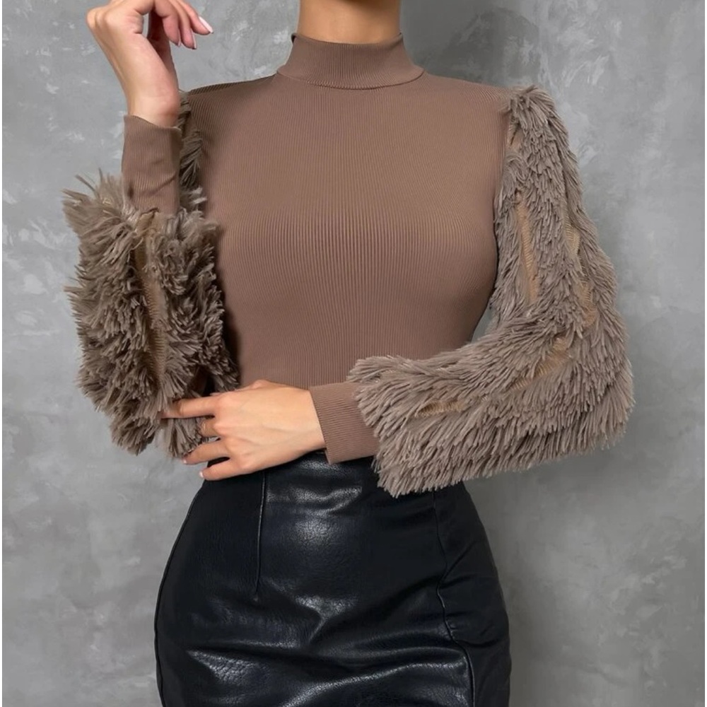 Cozy Faux Fur Fuzzy Long Puff Cuff Sleeve Mock Neck Top Blouse Shirt Black - Picture 10 of 16